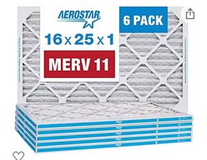 lot 66746 image: Aerostar 16x25x1 MERV 11 Pleated Air Filter, AC Furnace Air Filter, 6 Pack (Actual Size 15 34x 24 34 x 34) Open Box