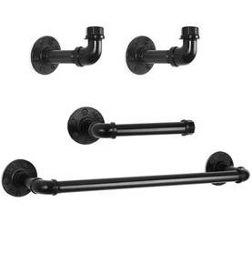 lot 66765 image: LIANTRAL Bathroom Hardware Set, 4-Piece Wall Mounted Industrial Pipe Bathroom Accessory Kit- 18 Towel Bar Rack, Toilet Paper Holder, 2 Robe Hooks, Black Open Box