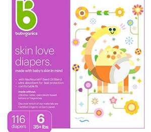lot 66773 image: Baby Diapers, Size 6 (35 lbs) 116 Count- Babyganics Ultra Absorbent, Unscented, Made without Chlorine, Latex Open Box