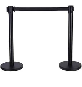 lot 66778 image: 2 PCS Heavy Duty Steel Black Stanchion PostPoleRope with 9.8 ft Retractable Black Belt  Safety Locking Belt 4-Way Connect  Crowd Control Barrier Open Box