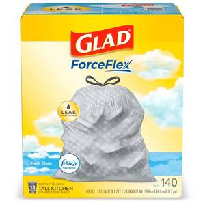 lot 10188 image: Glad ForceFlex 13 Gal. Tall Kitchen Drawstring Fresh Clean Scent with Febreze Freshness Trash Bags (140-Count), White