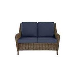 lot 10098 image: Patio Love Seat All-Weather Resin Wicker Outdoor w Blue Cushions, UV Protection