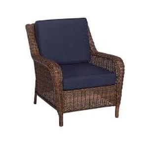 lot 10099 image: Hampton Bay Brown Wicker Outdoor Patio Lounge Chair W Navy Blue Cushions