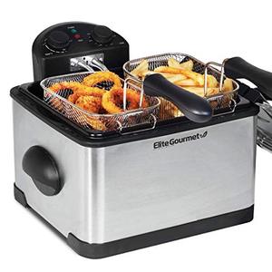 lot 10445 image: Elite Gourmet 1700-Watt Stainless-Steel 3-Basket Electric Deep Fryer with Timer and Temperature Knobs, 4.2L17-Cup, Stainless Steel