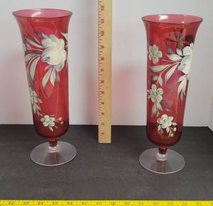 lot 1716 image: (2) Vases cranberry glass hand painted
