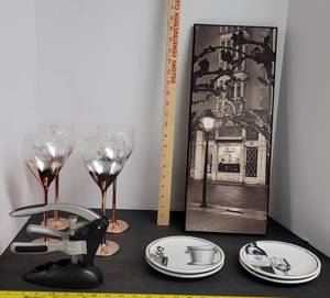lot 1720 image: Wine glasses, wine mats, wine plates & wall art