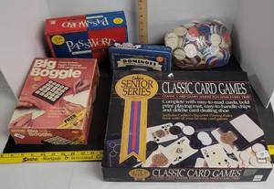 lot 1732 image: Big boggle, classic card games, poker chips, dominoes & password