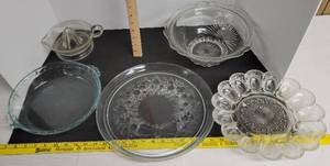 lot 1738 image: Deviled egg dish, juice reamer, serving bowl & pyrex pie dish