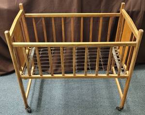 lot 1766 image: Vintage Wooden baby crib 36 W x 20 D x 33 12 H