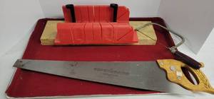 lot 1821 image: Saw, wood clamp sawing box, coping saw