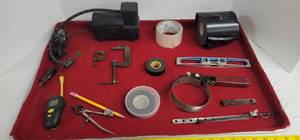 lot 1829 image: Oil filter remover, (2) C Clamps, electric tape, & car air pump