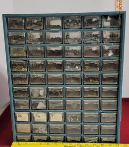 lot 1850 image: Large multi drawer parts bins  full of hardware