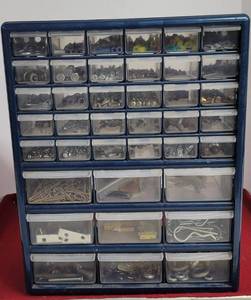 lot 1851 image: Large multi drawer parts bins  full of hardware