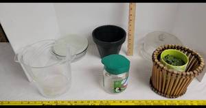 lot 1900 image: Planters, dome jar, heavy glass vase