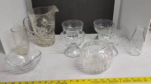 lot 1912 image: Vintage glass pitcher, vintage Julia hand cut lead crystal glass ball bowl  & (4) condiment dishes