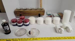 lot 1913 image: Various candles, candle holder, candle wax & vanilla extract