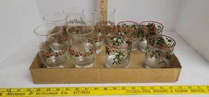 lot 1915 image: (6) Libbery holly berry ribbon glasses tumblers & (4) hand painted drinking glasses