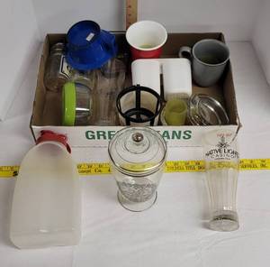 lot 1917 image: 25th anniversary lidded jar, (2) Tall drinking glasses & more
