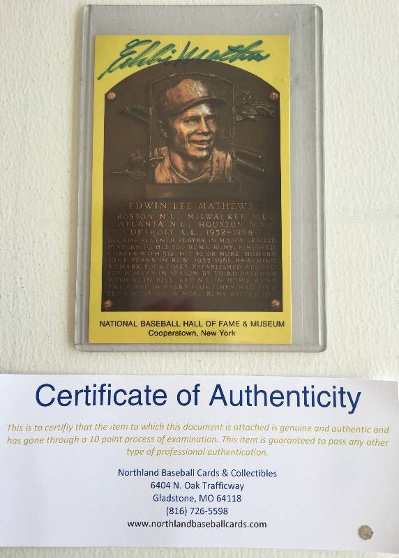 lot 1032 image: Eddie Mathews Authentic Autographed Hall of Fame Postcard w Certificate of Authenticity