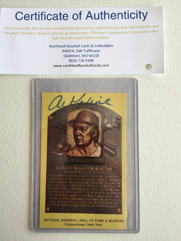 lot 1033 image: Al Kaline Authentic Autographed Hall of Fame Postcard w Certificate of Authenticity