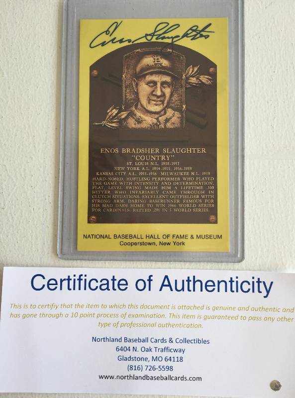 lot 1034 image: Enos Slaugher Authentic Autographed Hall of Fame Postcard w Certificate of Authenticity