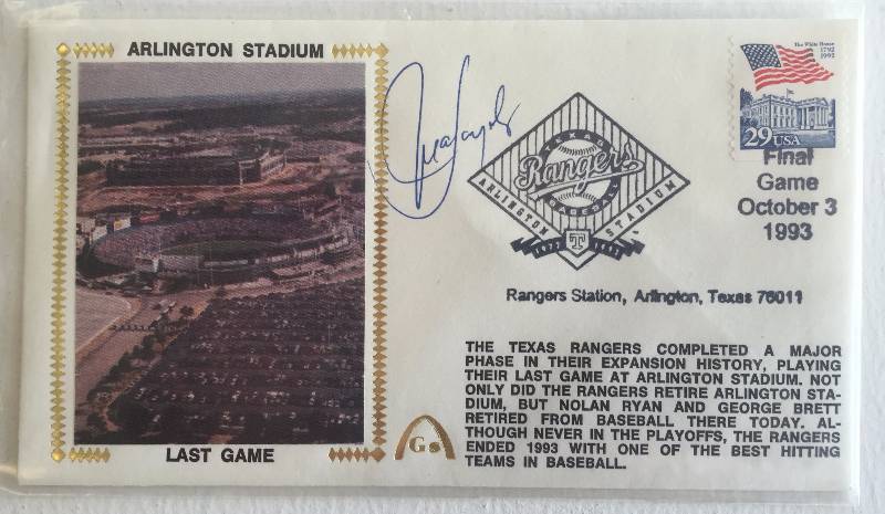 lot 1036 image: Juan Gonzalez Authentic Autographed 1993 Texas Rangers Arlington Stadium Final Game USPS Postmarked Cache - George Brett & Nolan Ryan Last Game