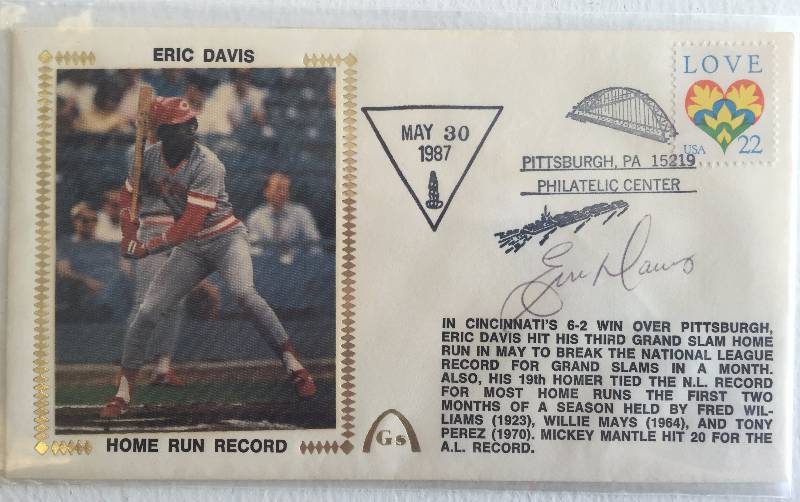 lot 1037 image: Reds Superstar Eric Davis Authentic Autographed Home Run Record 1987 USPS Posmarked Cache