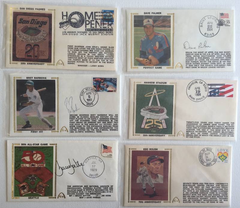 lot 1039 image: (6) USPS Postmarked MLB Historic Event Postal Cache - (3) Authentic Player Autographs 