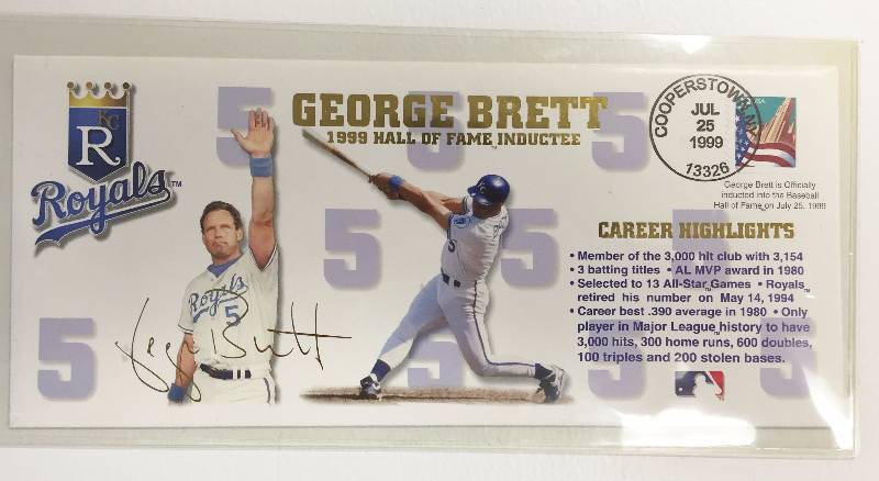 lot 1053 image: George Brett 1999 Cooperstown Hall of Fame Postmarked Over-sized Commemorative Cache - 4 14 x 9 12