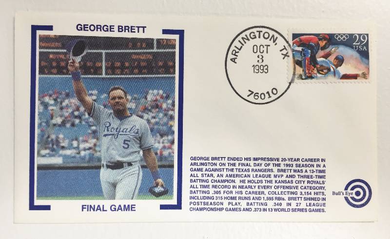 lot 1054 image: George Brett Final Game 1993 Arlington Tx Postmarked Oct. 3 1993 Postal Cache Limited Edt. Hand  #d 225350