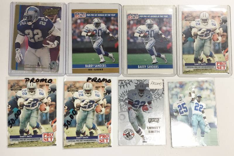 lot 1056 image: Extremely Rare (8) Card Lot of Barry Sanders & Emmitt Smith Dealer Only Promo Cards - $20 - $30 Each - Lot Value $200