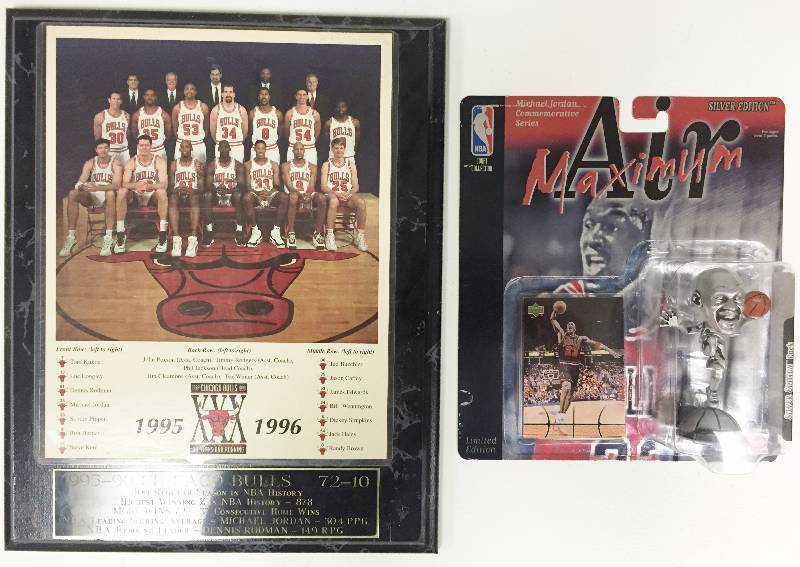 lot 1085 image: 199595 Chicago Bulls Championship Team Plaque (11 x 13)  Bonus Rare Michael Jordan Air Maximum Silver Figurine Factory Sealed