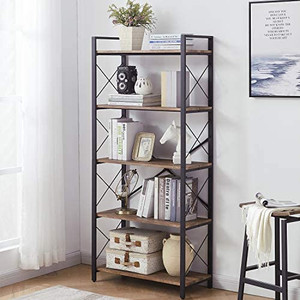 lot 3683 image: OIAHOMY Industrial Bookshelf, 5 Tier Vintage Bookcase, Rustic Wood and Metal Shelf, Living Room Display Rack and Storage Organizer, Rustic Brown