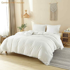 lot 3699 image: 3 Piece Queen Size Pom Pom Comforter Set, Soft Lightweight Comforter  2 Pillowcases, Solid White Pom Pom