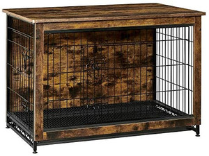 lot 3717 image: FEANDREA Wooden Dog Crate, Indoor Pet Side Table, Dog Furniture with Removable Tray, Rustic Brown and Black