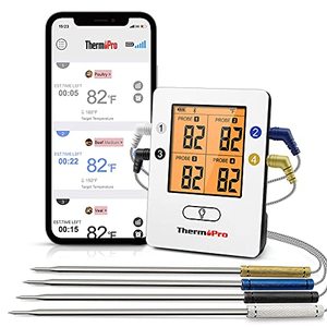 lot 3724 image: ThermoPro TP25 500ft Wireless Bluetooth Meat Thermometer with 4 Temperature Probes Smart Digital Cooking BBQ Thermometer for Grilling Oven Food Smoker Thermometer, Rechargeable