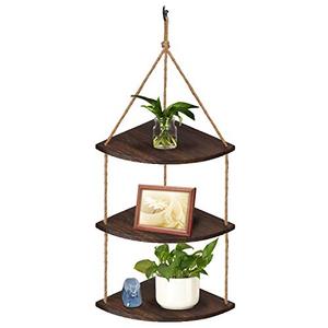 lot 3729 image: TJ.MOREE Hanging Corner Shelf 3 Tier Hanging Window Plant Shelves - Farmhouse Kitchen Decor Rustic Wood Corner Rope Shelf - Home Decor Display Planter Rack (Dark Brown)