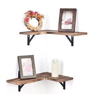 lot 3734 image: Olakee Corner Wall Shelves Rustic Wood Corner Floating Shelves for Bedroom Living Room Bathroom Kitchen Set of 2 Carbonized Black
