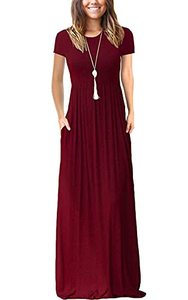 lot 3746 image: VIISHOW Women Summer Short Sleeve Loose Plain Long Maxi Casual Dress with Pockets (Wine red X-Small)