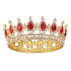 lot 3758 image: SWEETV Crystal Queen Crown for Women, Rhinestone Wedding Tiara Headband, Full Round Princess Crown Hair Accessories for Prom Birthday Costume Party,RedGold