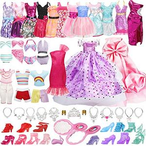 lot 3770 image: Doll Clothes Set Including 2 Princess Dresses 2 Fashion Dresses 2 Tops and Pants 10 Shoes and Accessories for 11.5 Inch Doll