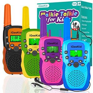 lot 3783 image: iGeeKid 4 Pack Kids Walkie Talkies with 4 Earpiece, Built-in Flashlight Long Range Walkie Talkies for Kids Toys 3-12 Age Boys Girls Toddler Student Back to School Travel Camping Accessory Outdoor Game