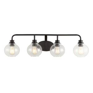 lot 5165 image: JONATHAN Y Sandrine 36 in. 4-Light Oil Rubbed Bronze IronSeeded Glass Cottage Rustic LED Vanity Light