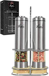 lot 5187 image: Electric Salt and Pepper Grinder Set -Battery Operated Stainless Steel Salt&Pepper Mills(2) by Flafster Kitchen -Tall Power Shakers with Stand - Ceramic Grinders with lights and Adjustable Coarseness