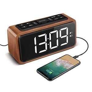 lot 5209 image: Radio Alarm Clock, Large LED Display Wood Digital FM Alarm Clock, Adjustable Brightness Dimmer and Snooze, Simple LED Clock with Dual Alarm, 1224 Hour, Powered by AC Adapter (White LED)