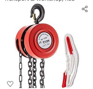 lot 25 image: VEVOR Hand Chain Hoist, 2200 lbs 1 Ton Capacity Chain Block, 10ft3m Lift Manual Hand Chain Block, Manual Hoist wIndustrial-Grade Steel Construction for Lifting Good in Transport & Workshop, Red