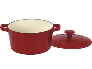 lot 20612 image: ENAMELED CAST IRON COVERED CASSEROLE RED