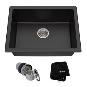 lot 20620 image: KRAUS 24 Inch Dual Mount Single Bowl Granite Kitchen Sink w Topmount and Undermount Installation in Black Onyx