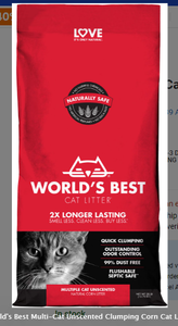 lot 13182 image: WORLDS BEST, CAT LITTER 2XLONGER LASTING, MULTI CAT UNSCENTED NATURAL CORN LITTER, 32LBS