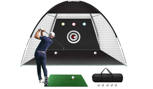 lot 13207 image: VICUR GOLF NETS GOLF PRACTICE NET GOLF HITTING NET 10X7 FEET W GOLF HITTING MAT & GOLF BALL PACKED IN CARRY BAG FOR BACKYARD DRIVING INDOOR OUTDOOR
